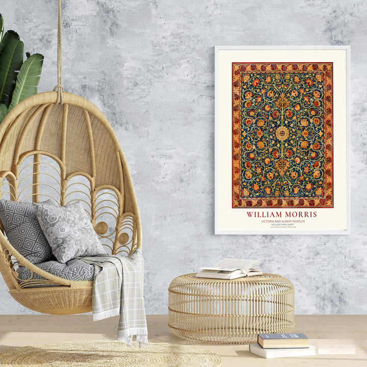 Deep blue tapestry print illustrating William Morris carpet foliage, designed for dark academia interiors. Select fine framed, unframed, and canvas options available at MapYourDreams.