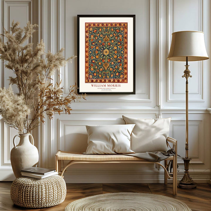 Fine art print of the William Morris Holland Park Carpet design, displaying historic textile craftsmanship. MapYourDreams features top quality framed, unframed, and canvas options available.