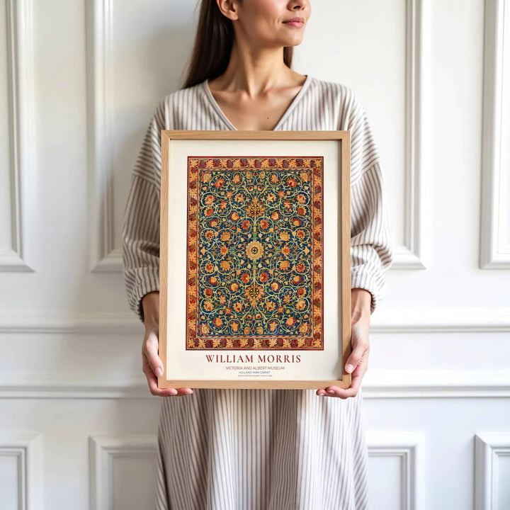 Rich living room art print displaying the 1883 William Morris Holland Park Carpet layout in red and indigo. MapYourDreams has ready-to-hang framed, unframed, and canvas options available for decor.