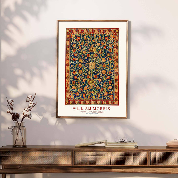 Archival exhibition poster of the blue William Morris Holland Park Carpet design with Victoria &amp; Albert Museum text. Discover our tailored framed, unframed, and canvas options available at MapYourDreams.