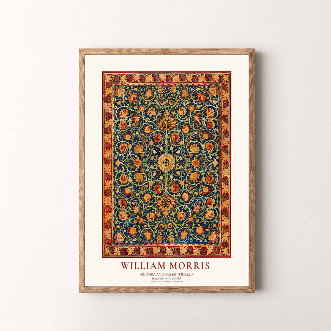 Vibrant tapestry gallery wall piece featuring William Morris rug details rendered in cobalt blue and gold tones. Shop versatile framed, unframed, and canvas options available at MapYourDreams.