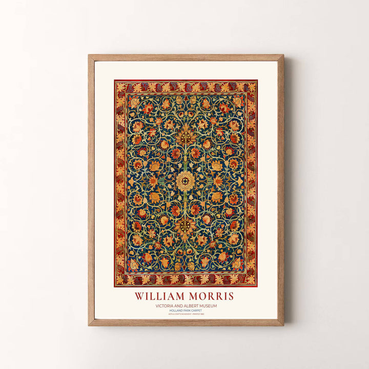 Vibrant tapestry gallery wall piece featuring William Morris rug details rendered in cobalt blue and gold tones. Shop versatile framed, unframed, and canvas options available at MapYourDreams.