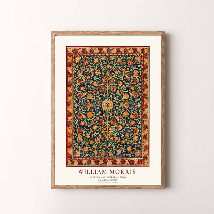 Vibrant tapestry gallery wall piece featuring William Morris rug details rendered in cobalt blue and gold tones. Shop versatile framed, unframed, and canvas options available at MapYourDreams.