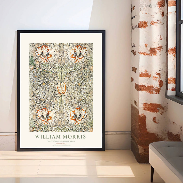 Soft neutral floral art poster by William Morris featuring honeysuckle vines, ideal for peaceful bedroom wall spaces. Select from elegant framed, unframed, and canvas options available at MapYourDreams.