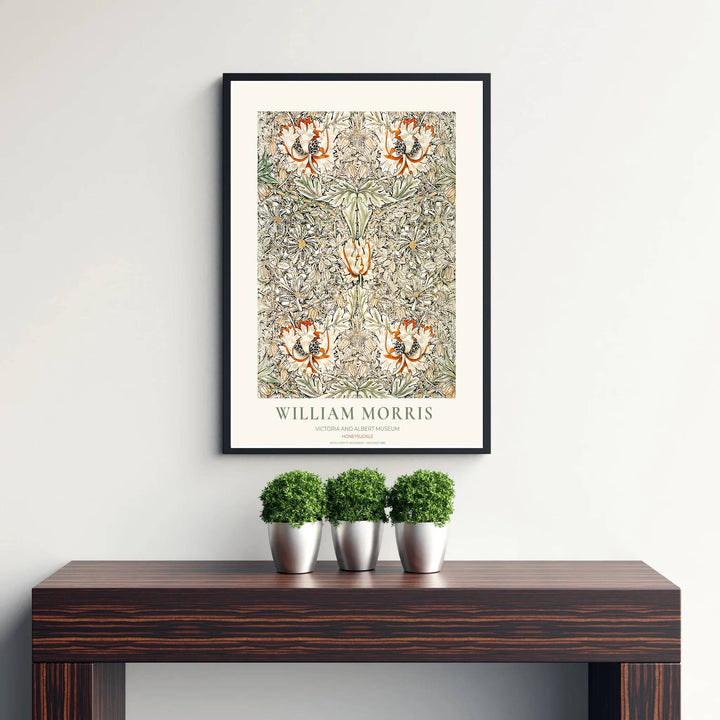 Elegant William Morris heritage wallpaper print showing cream and terracotta floral tendrils in a museum border. Explore durable framed, unframed, and canvas options available from MapYourDreams.