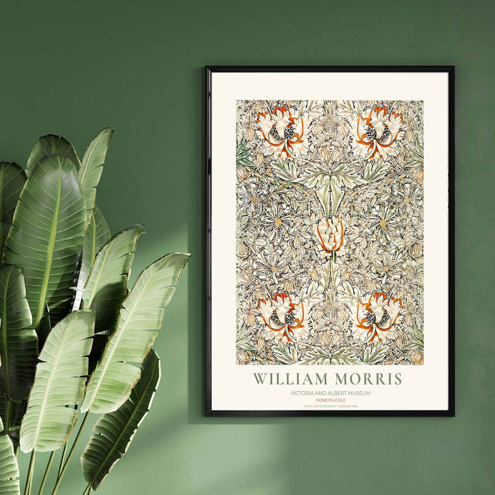 High-contrast botanical pattern artwork by William Morris featuring Honeysuckle floral motifs for gallery walls. Order archival framed, unframed, and canvas options available at MapYourDreams now.