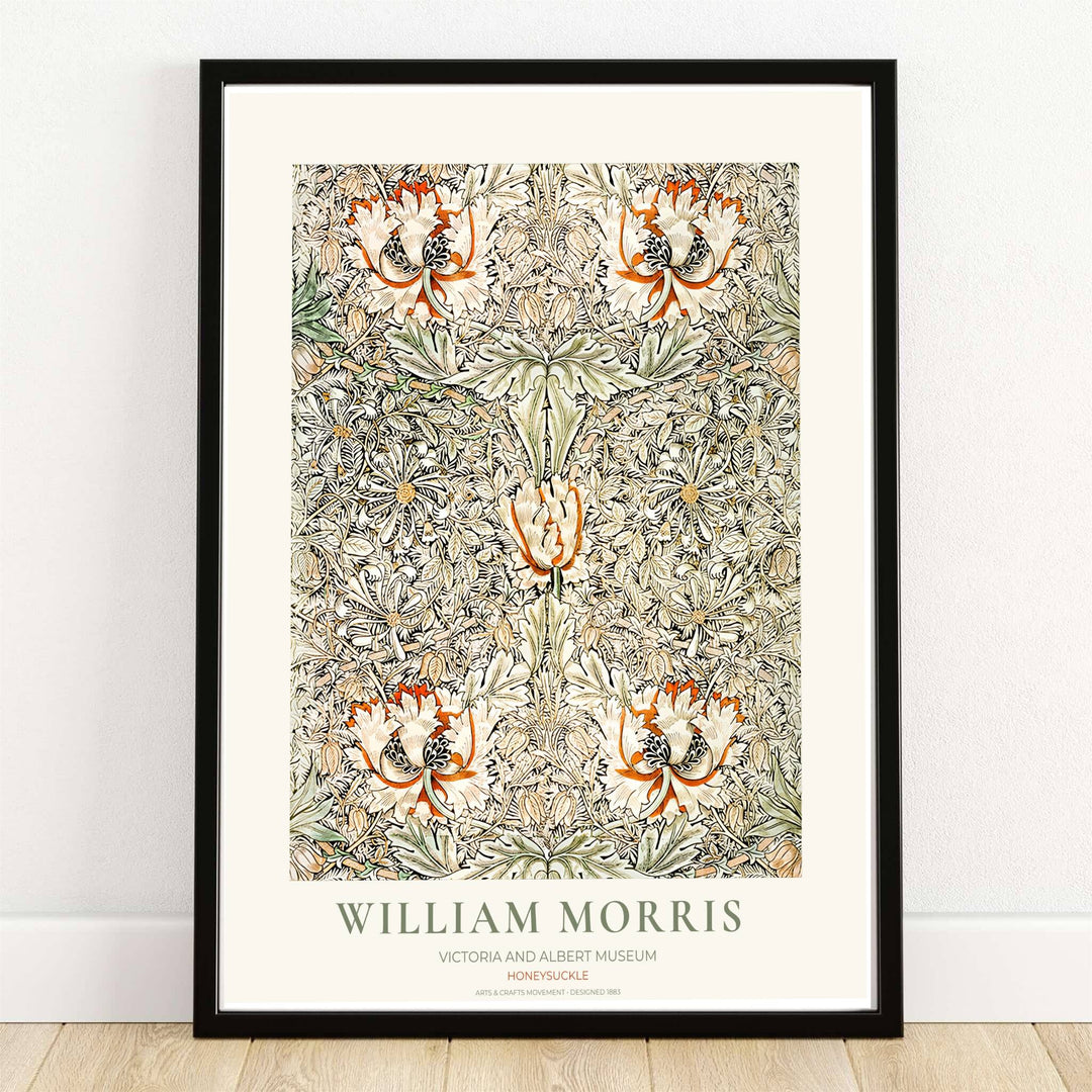 Delicate honeysuckle blossoms with terracotta orange accents in a William Morris Honeysuckle floral print. MapYourDreams provides framed, unframed, and canvas options available for home interior decoration.