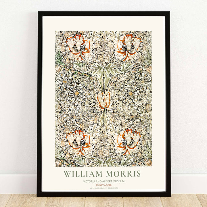 Delicate honeysuckle blossoms with terracotta orange accents in a William Morris Honeysuckle floral print. MapYourDreams provides framed, unframed, and canvas options available for home interior decoration.