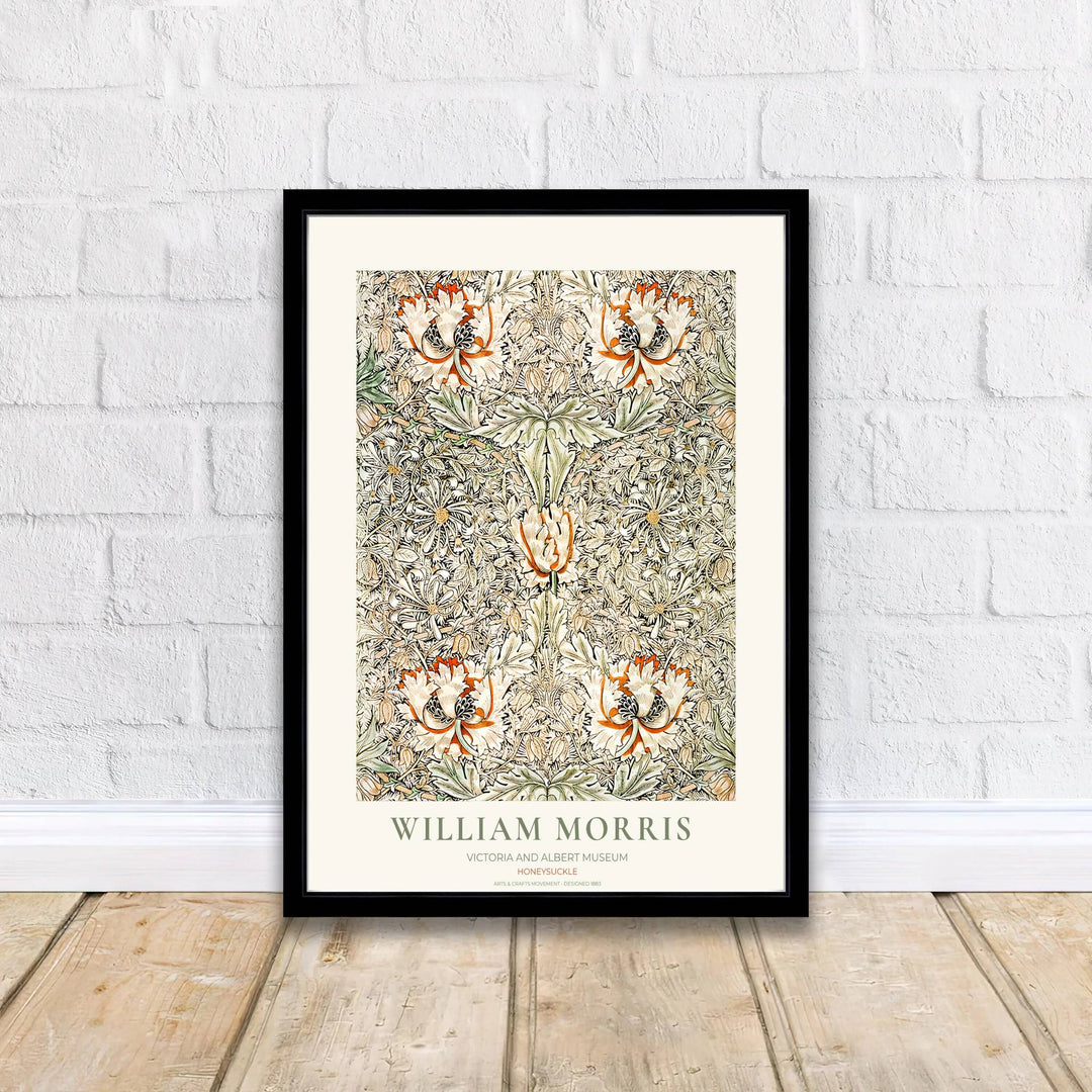 Classic English decorative poster showcasing the 1883 William Morris Honeysuckle design, ideal for cottagecore decor. Browse fine framed, unframed, and canvas options available at MapYourDreams.