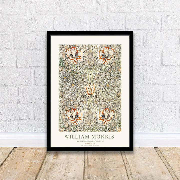 Classic English decorative poster showcasing the 1883 William Morris Honeysuckle design, ideal for cottagecore decor. Browse fine framed, unframed, and canvas options available at MapYourDreams.