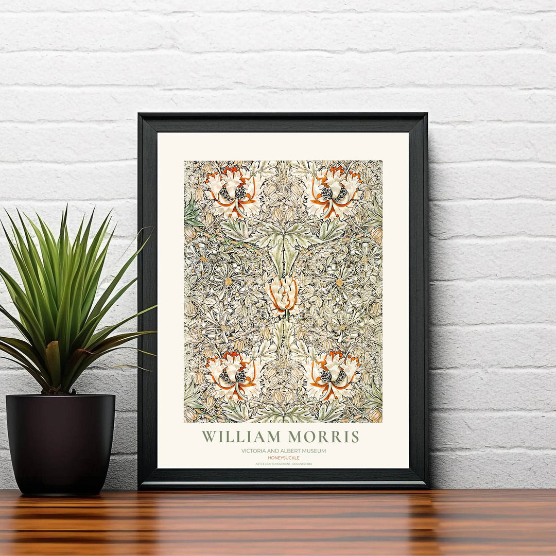 Winding terracotta honeysuckle vines and cream blossoms by William Morris rendered in soft earthy tones. Choose high quality framed, unframed, and canvas options available at MapYourDreams today.