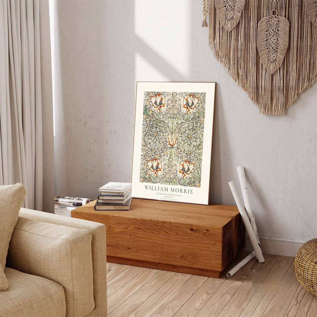 Restored 1883 William Morris exhibition poster combining earthy cream hues with historic British Arts and Crafts art. Shop stunning framed, unframed, and canvas options available at MapYourDreams.