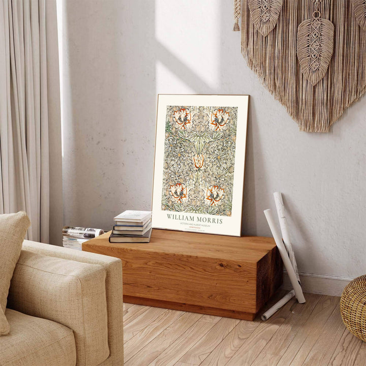Restored 1883 William Morris exhibition poster combining earthy cream hues with historic British Arts and Crafts art. Shop stunning framed, unframed, and canvas options available at MapYourDreams.