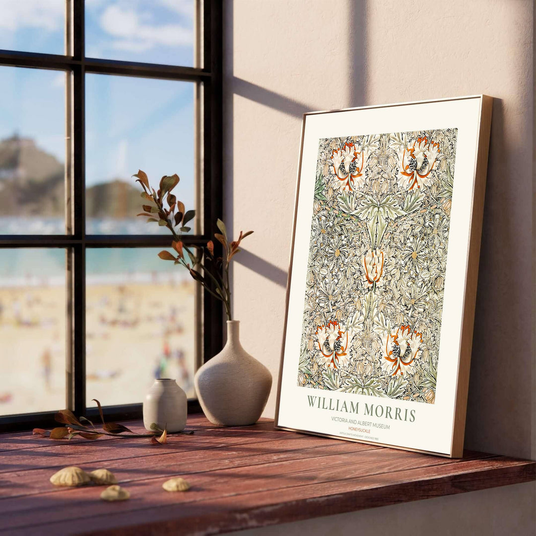 Historic Arts and Crafts Movement wall art print displaying the William Morris Honeysuckle layout with museum typography. Discover premium framed, unframed, and canvas options available at MapYourDreams.