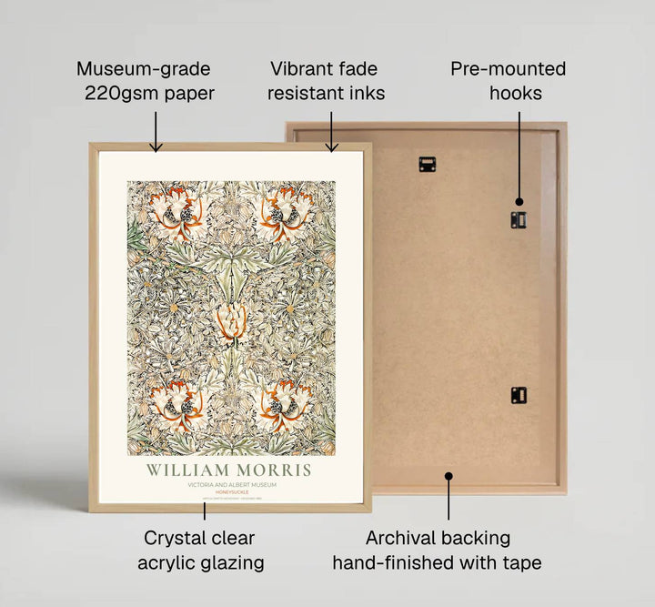 Intricate foliage and honeysuckle pattern art print by William Morris, ideal for creating an organic focal point. MapYourDreams offers museum-grade framed, unframed, and canvas options available.