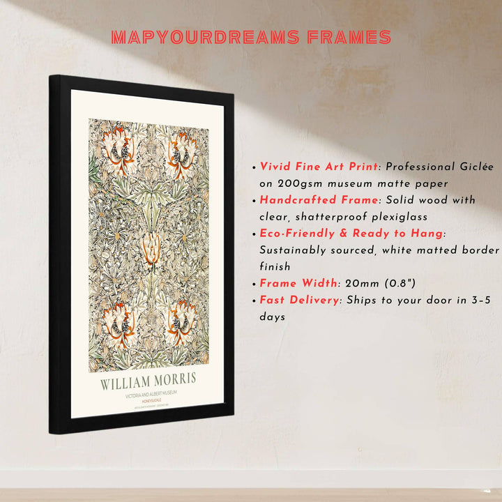 Vintage English heritage poster showing a dense tapestry of William Morris Honeysuckle vines on archival paper. Explore our selection of framed, unframed, and canvas options available at MapYourDreams.