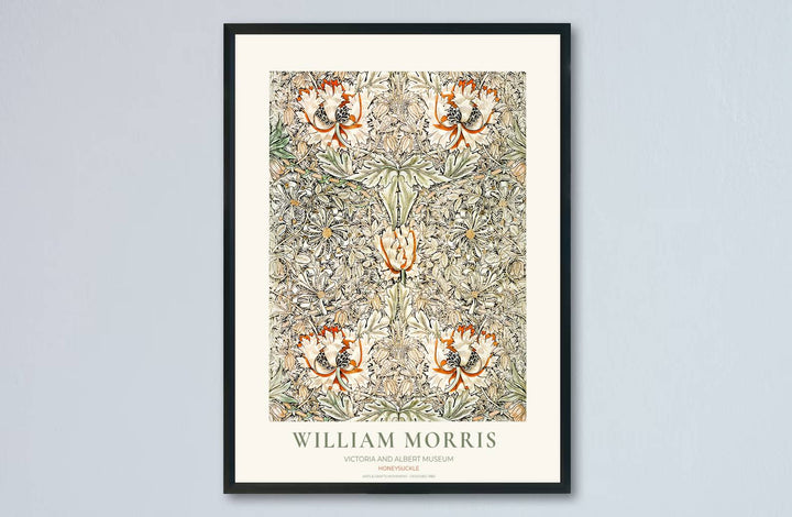 Earthy cream botanical decor print featuring honeysuckle foliage by William Morris, framed in a clean layout. Order your favorite framed, unframed, and canvas options available at MapYourDreams.