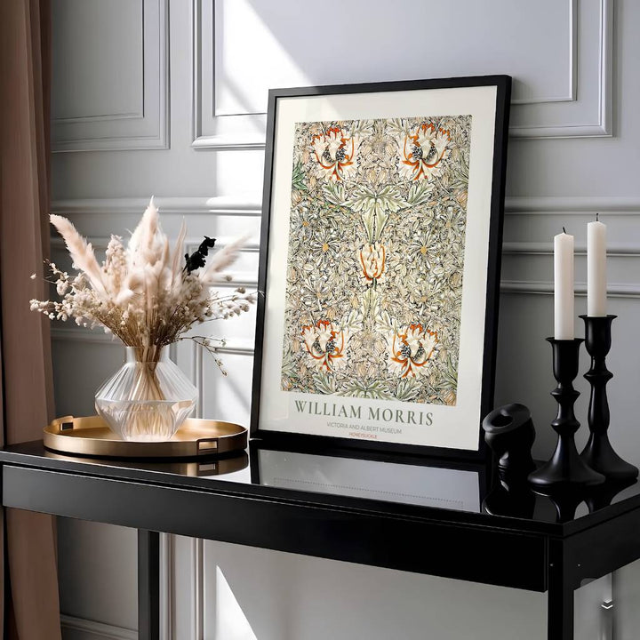 Intricate 1883 William Morris Honeysuckle wallpaper pattern in soft cream and sage green on a detailed background. Shop high quality framed, unframed, and canvas options available today at MapYourDreams.