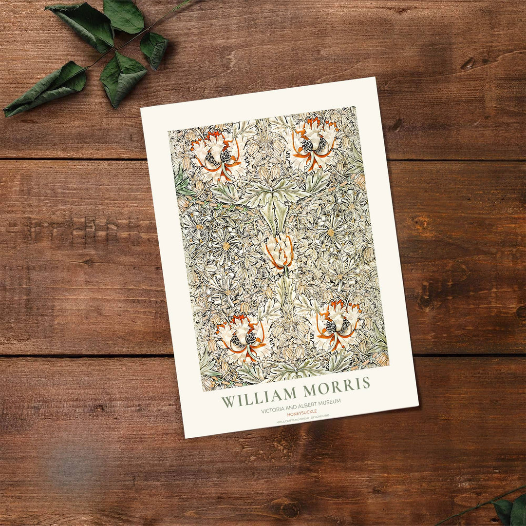 Warm terracotta orange and muted green foliage in a restored vintage William Morris Honeysuckle exhibition print. MapYourDreams offers custom framed, unframed, and canvas options available for any room decor.