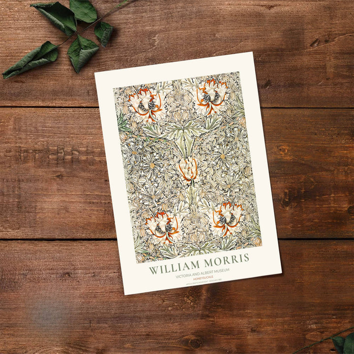 Warm terracotta orange and muted green foliage in a restored vintage William Morris Honeysuckle exhibition print. MapYourDreams offers custom framed, unframed, and canvas options available for any room decor.