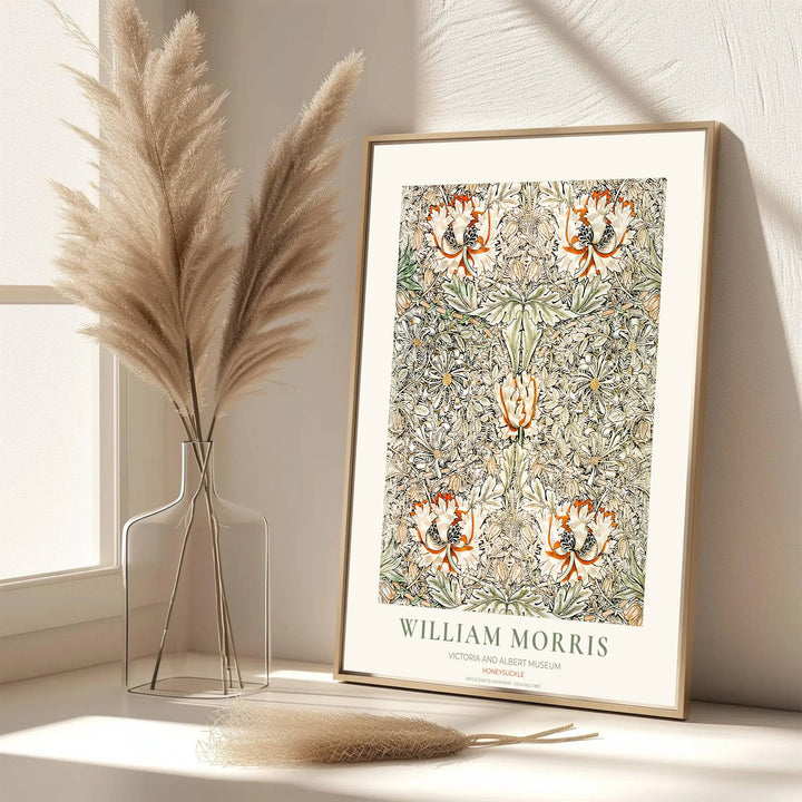 Beautiful William Morris Honeysuckle artwork showcasing 19th-century textile graphics and organic floral symmetry. MapYourDreams presents professional framed, unframed, and canvas options available for display.