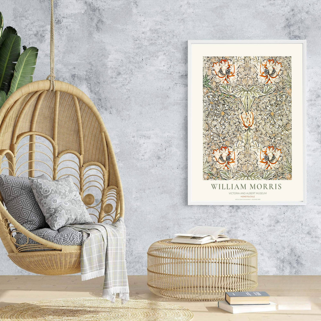 Neutral floral tapestry print illustrating William Morris Honeysuckle foliage, designed for cozy interior schemes. Select fine framed, unframed, and canvas options available at MapYourDreams.