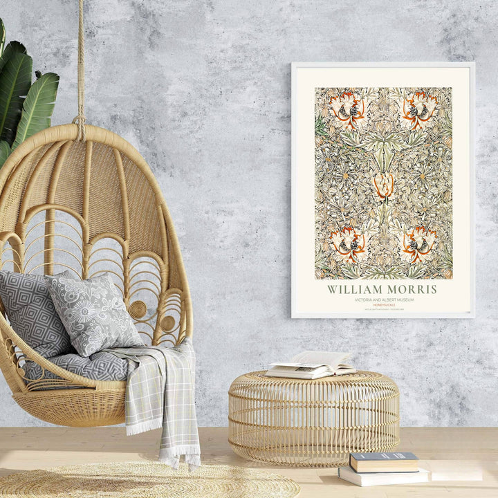Neutral floral tapestry print illustrating William Morris Honeysuckle foliage, designed for cozy interior schemes. Select fine framed, unframed, and canvas options available at MapYourDreams.
