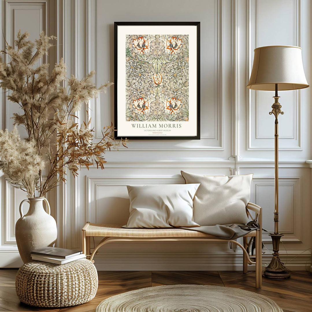 Fine art print of the William Morris Honeysuckle design, displaying historic botanical craftsmanship and details. MapYourDreams features top quality framed, unframed, and canvas options available.