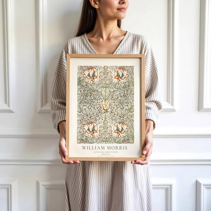 Peaceful bedroom art print displaying the 1883 William Morris Honeysuckle layout in cream, beige, and terracotta. MapYourDreams has ready-to-hang framed, unframed, and canvas options available for decor.