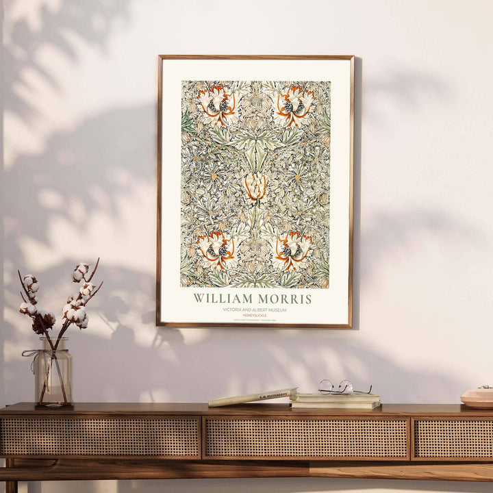 Archival exhibition poster of the cream William Morris Honeysuckle design with Victoria &amp; Albert Museum text. Discover our tailored framed, unframed, and canvas options available at MapYourDreams.