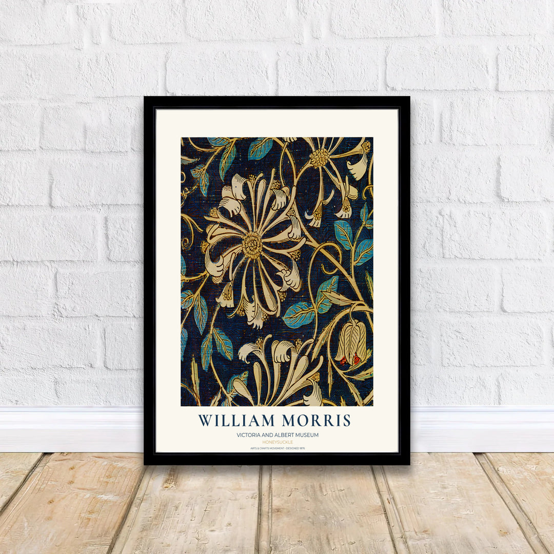 Elegant William Morris heritage wallpaper print showing indigo and cream floral tendrils in a clean museum border. Explore durable framed, unframed, and canvas options available from MapYourDreams.