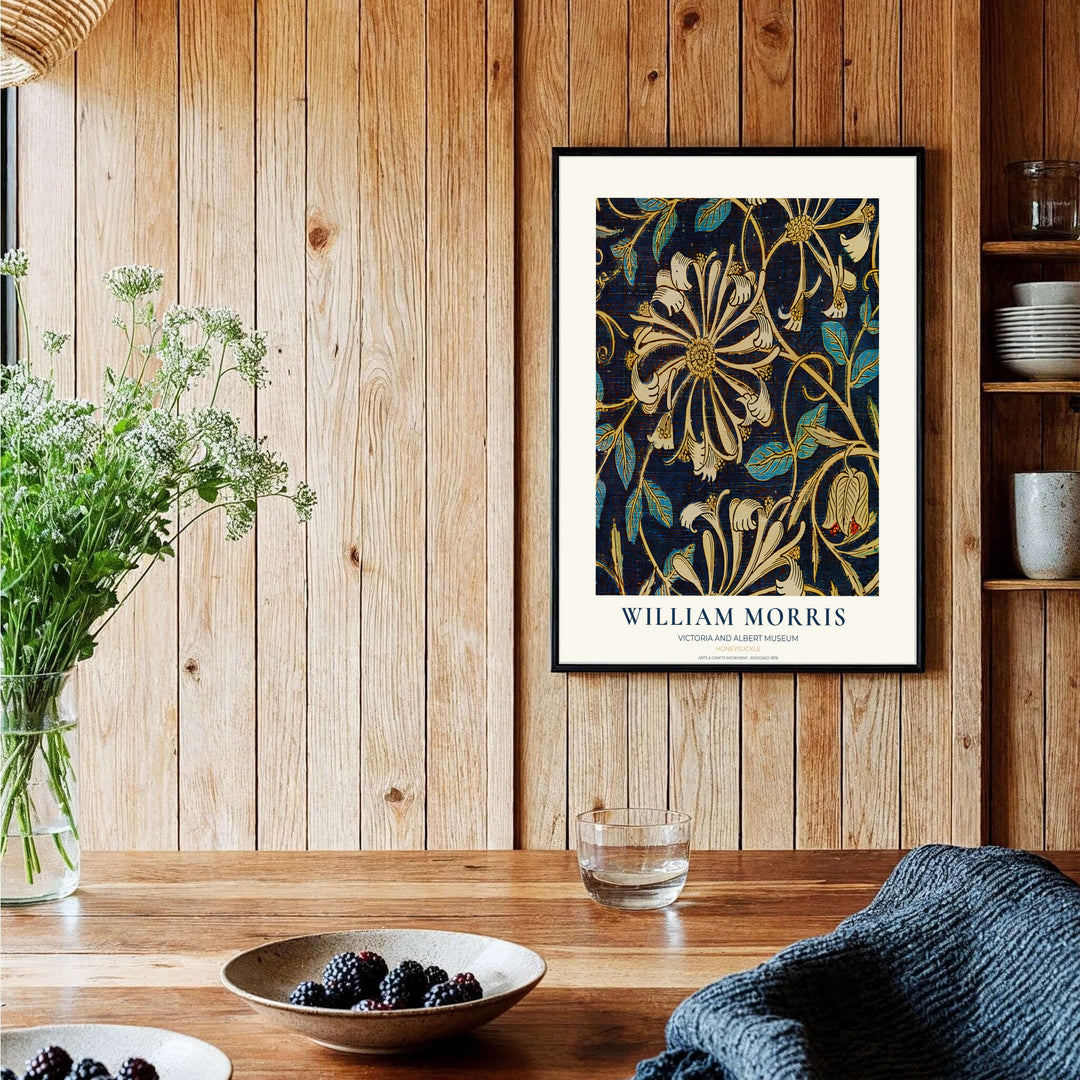 High-contrast dark botanical pattern artwork by William Morris featuring Honeysuckle motifs for gallery walls. Order archival framed, unframed, and canvas options available at MapYourDreams now.