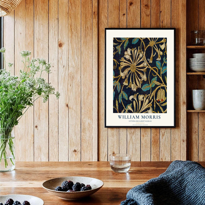 High-contrast dark botanical pattern artwork by William Morris featuring Honeysuckle motifs for gallery walls. Order archival framed, unframed, and canvas options available at MapYourDreams now.