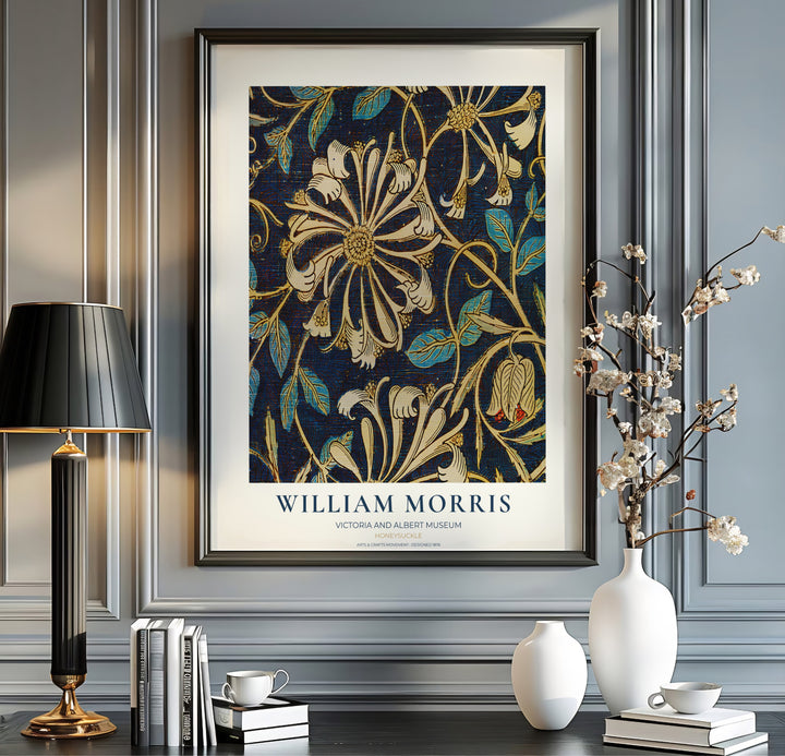 Classic English decorative poster showcasing the 1883 William Morris Honeysuckle design in deep indigo blue. Browse fine framed, unframed, and canvas options available at MapYourDreams.