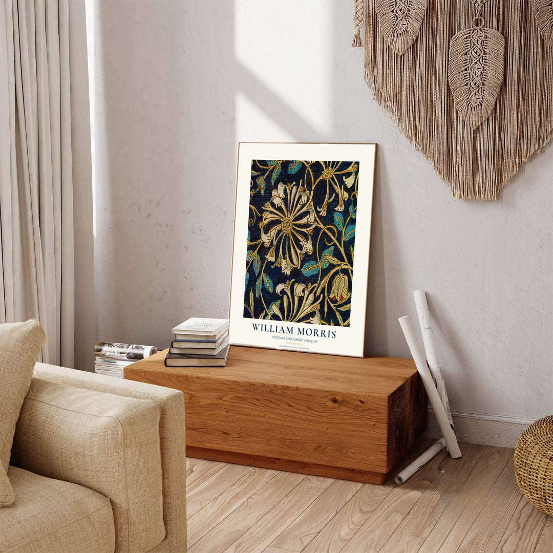 Charming vintage dark botanical poster illustrating 19th-century William Morris Honeysuckle foliage with text. MapYourDreams brings you beautiful framed, unframed, and canvas options available for wall styling.