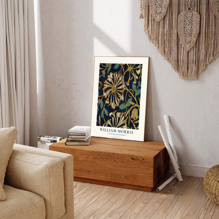 Charming vintage dark botanical poster illustrating 19th-century William Morris Honeysuckle foliage with text. MapYourDreams brings you beautiful framed, unframed, and canvas options available for wall styling.