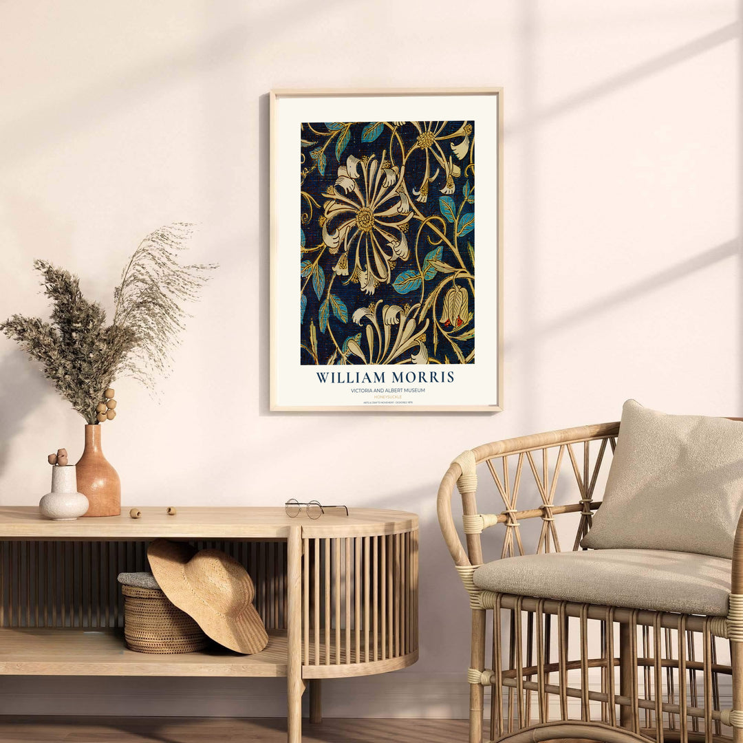 Museum-quality reproduction of the dark William Morris Honeysuckle layout, printed on archival matte paper. Find framed, unframed, and canvas options available at MapYourDreams.