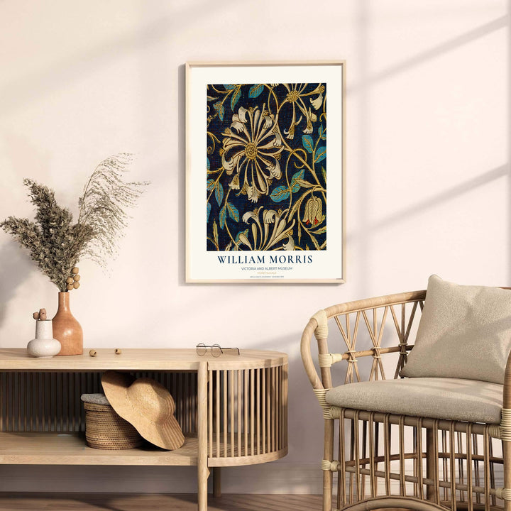 Museum-quality reproduction of the dark William Morris Honeysuckle layout, printed on archival matte paper. Find framed, unframed, and canvas options available at MapYourDreams.