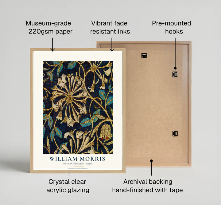 Detailed botanical illustration of honeysuckle flowers and teal leaves on sweeping vines by William Morris. MapYourDreams provides archival framed, unframed, and canvas options available to buy.