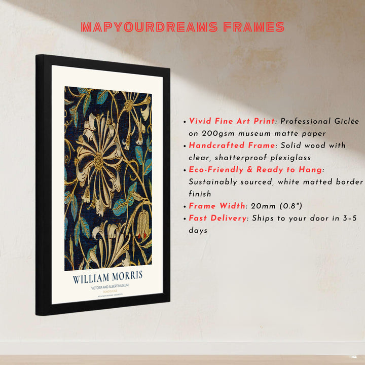 Moody indigo floral art poster by William Morris featuring honeysuckle vines, ideal for dark academia wall spaces. Select from elegant framed, unframed, and canvas options available at MapYourDreams.