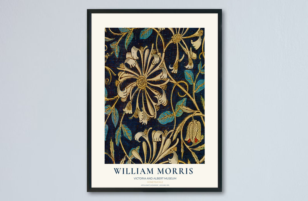 Restored 1883 William Morris exhibition poster combining deep blue hues with historic British Arts and Crafts art. Shop stunning framed, unframed, and canvas options available at MapYourDreams.