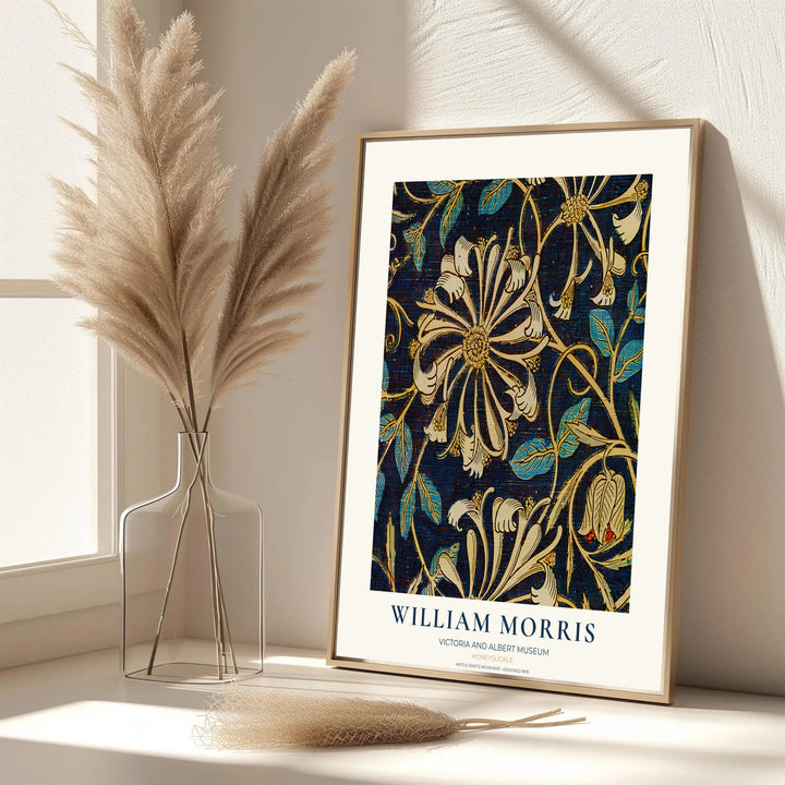 Striking indigo and cream floral wall hanging featuring William Morris Honeysuckle motifs from the V&amp;A collection. Choose framed, unframed, and canvas options available from MapYourDreams.
