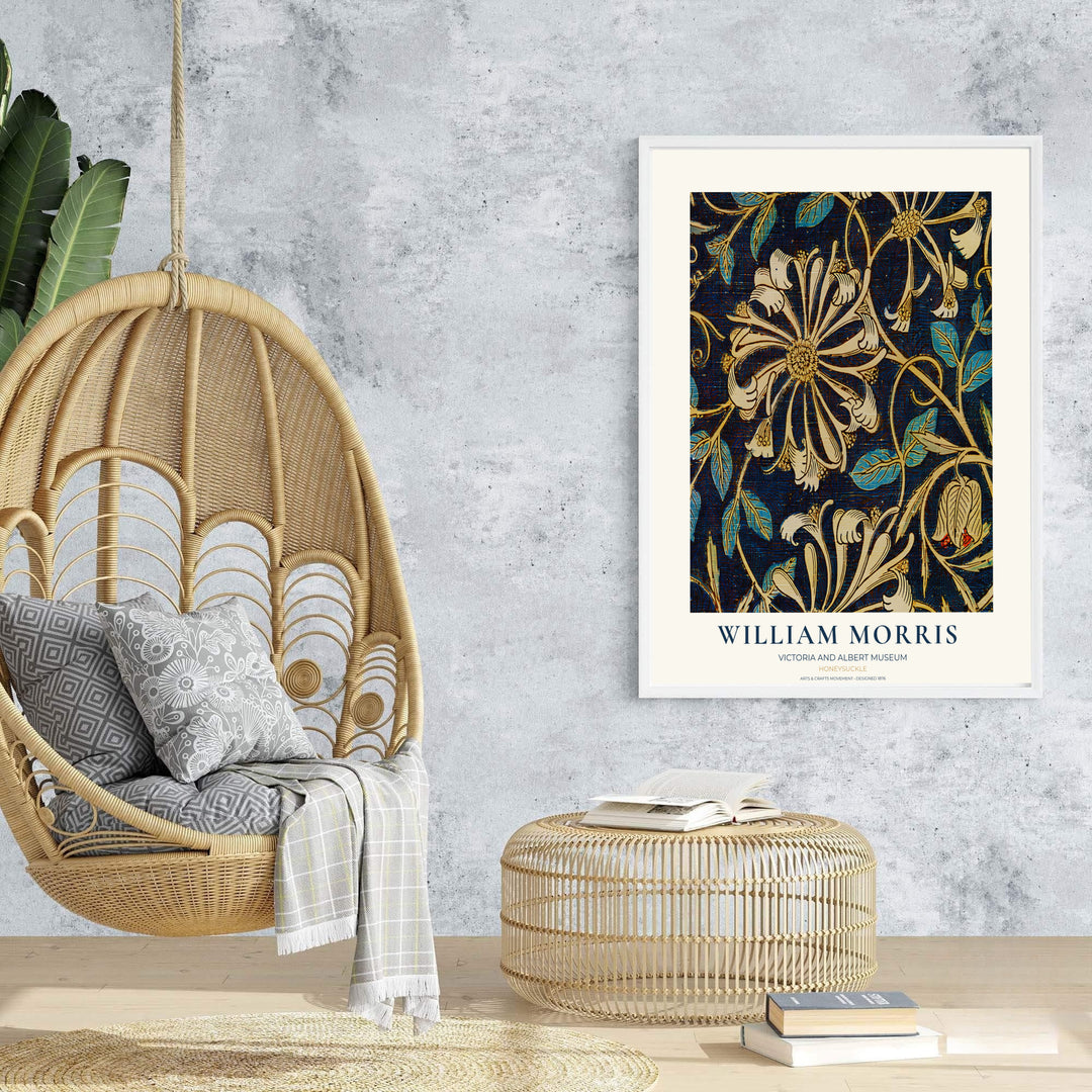 Intricate foliage and honeysuckle pattern art print by William Morris, ideal for creating a moody focal point. MapYourDreams offers museum-grade framed, unframed, and canvas options available.