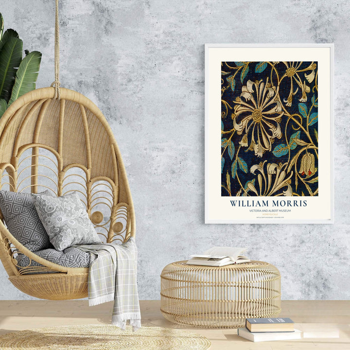 Intricate foliage and honeysuckle pattern art print by William Morris, ideal for creating a moody focal point. MapYourDreams offers museum-grade framed, unframed, and canvas options available.