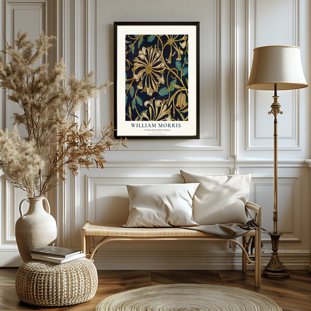 Vintage English heritage poster showing a dense indigo tapestry of William Morris Honeysuckle vines on paper. Explore our selection of framed, unframed, and canvas options available at MapYourDreams.