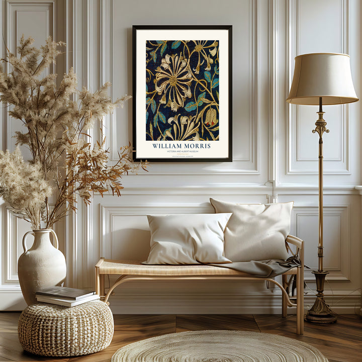 Vintage English heritage poster showing a dense indigo tapestry of William Morris Honeysuckle vines on paper. Explore our selection of framed, unframed, and canvas options available at MapYourDreams.