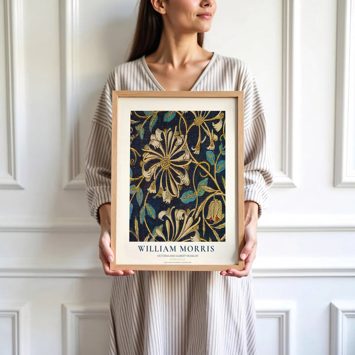 Moody navy botanical decor print featuring honeysuckle foliage by William Morris, framed in a clean layout. Order your favorite framed, unframed, and canvas options available at MapYourDreams.