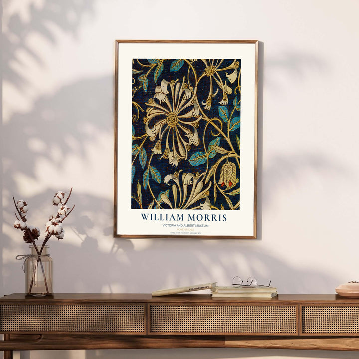 Beautiful William Morris Honeysuckle artwork showcasing 19th-century textile graphics on an indigo field. MapYourDreams presents professional framed, unframed, and canvas options available for display.
