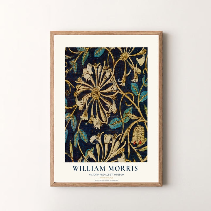 William Morris Honeysuckle Indigo Blue Cream Floral Vintage Exhibition Framed Wall Poster