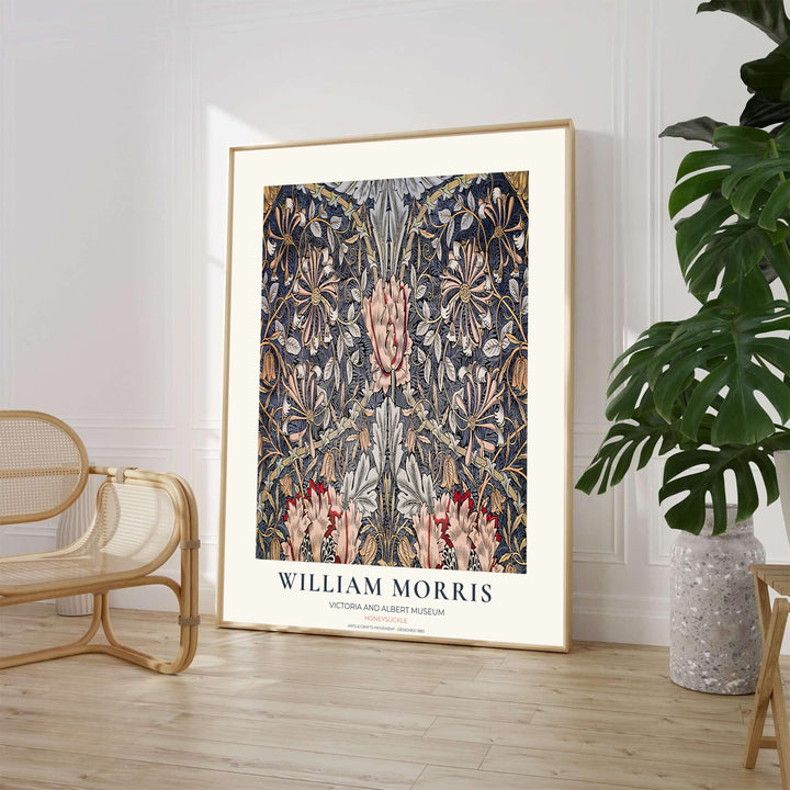 Historic Arts and Crafts Movement wall art print displaying the William Morris Honeysuckle layout in slate blue tones. Discover premium framed, unframed, and canvas options available at MapYourDreams.